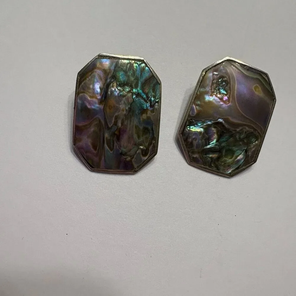 Vintage Alpaca Mexico Abalone Clip on Earrings Purple Green Blue Costume Jewelry